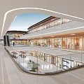 Spacious Shopping Mall Atrium Featuring Modern Design Escalators Storefronts Pedestrians and Bright Lighting
