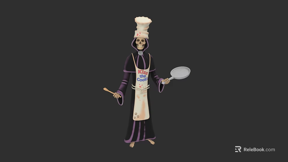 Skeleton Chef Game Character With Tall Hat Apron Spatula And Frying Pan 3d model 