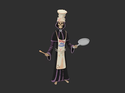 Skeleton Chef Game Character With Tall Hat Apron Spatula And Frying Pan 3d model