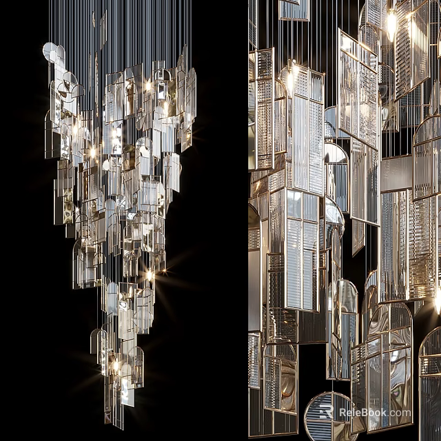Modern Geometric Chandelier With Glass And Metal Panels Hanging Illuminated Design 3d model 