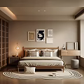 Minimalist Bedroom Interior Design With Wooden Bed Framed Artworks And Round Area Rug