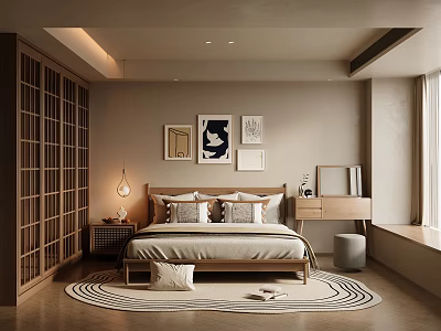 Minimalist Bedroom Interior Design With Wooden Bed Framed Artworks And Round Area Rug 3d model
