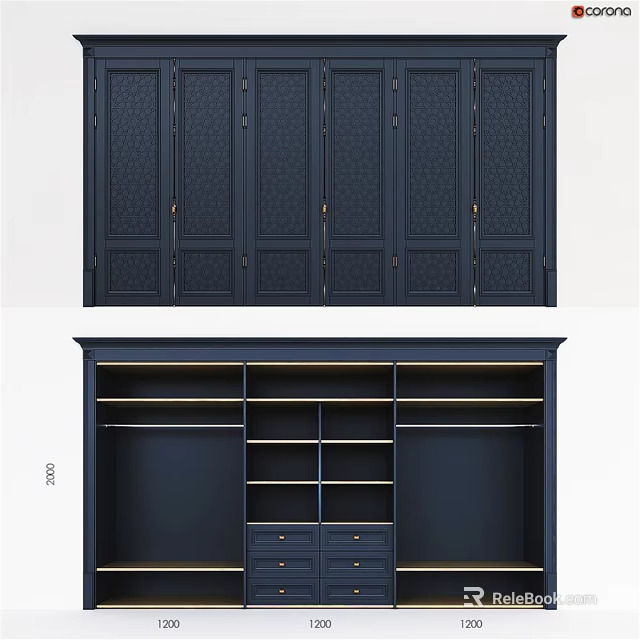 Deep Blue Dresser With Geometric Pattern Multiple Doors And Open Shelves 3d model 