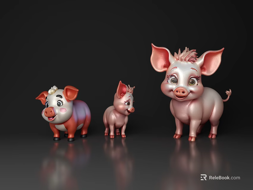 Cute Pink Pig Figurines In Different Sizes With Adorable Expressions And Shiny Finish 3d model 