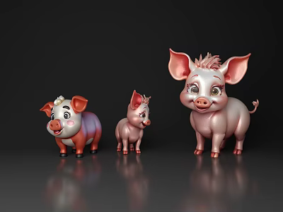 Cute Pink Pig Figurines In Different Sizes With Adorable Expressions And Shiny Finish 3d model
