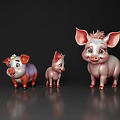 Cute Pink Pig Figurines In Different Sizes With Adorable Expressions And Shiny Finish