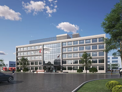 Modern Multi Storey Office Building With Glass Facade And Landscaped Surroundings 3d model