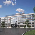 Modern Multi Storey Office Building With Glass Facade And Landscaped Surroundings