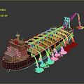 Wooden Cargo Ship With Deck Crane Unloading Cargo Over Water Surface Ripples 3d model