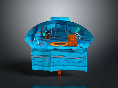 Underwater Natural Cave Scene With Blue Rock Layers Green Plants And Orange Coral 3d model