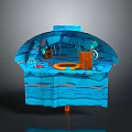 Underwater Natural Cave Scene With Blue Rock Layers Green Plants And Orange Coral