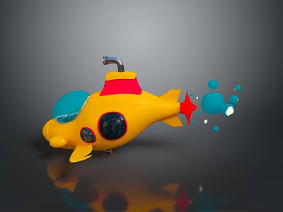 Bright Yellow Toy Submarine With Red Details Blue Windows And Bubbles On Reflective Surface 3d model