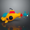 Bright Yellow Toy Submarine With Red Details Blue Windows And Bubbles On Reflective Surface