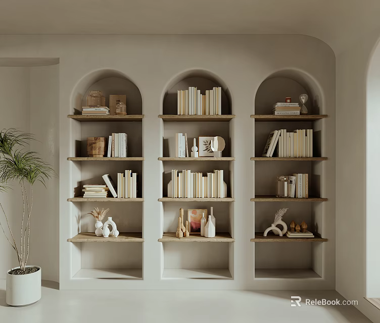 Arched Built in Bookcases with Wooden Shelves Books Decorations and Green Plant on Left Side 3d model 