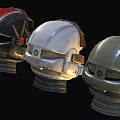 Three Different Futuristic Helmets With Metallic Textures Various Colors And Unique Styles