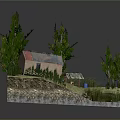 Cartoon Scene With Cozy Cottage Red Car Green Trees Path And Pond