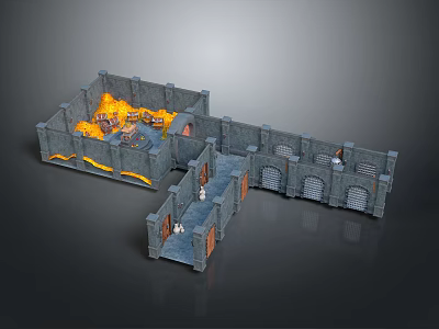 Ancient Stone Fortress Architecture with Flame Lit Interior and Arched Gateways 3d model