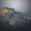 Ancient Stone Fortress Architecture with Flame Lit Interior and Arched Gateways 3d model
