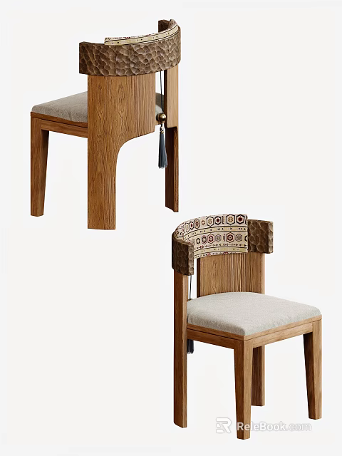 Traditional Wooden Dining Chairs With Decorative Backrest And Beige Upholstered Seat 3d model 