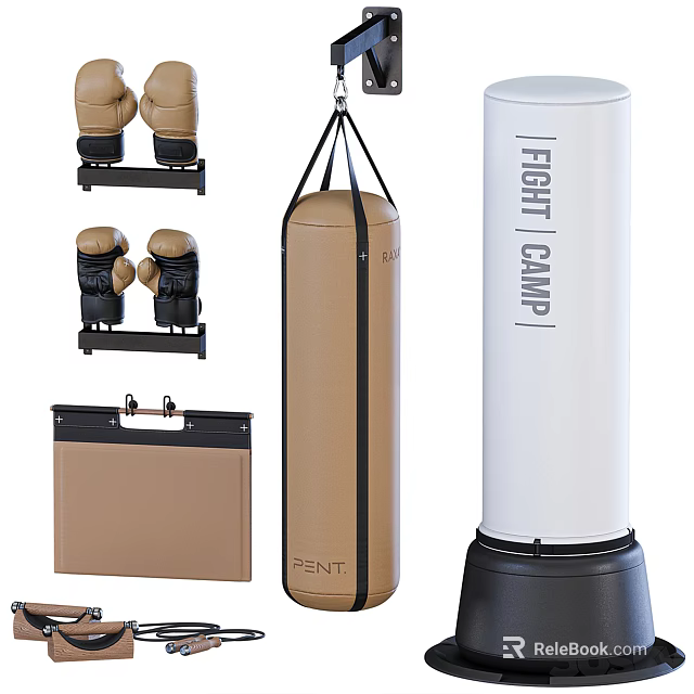 Premium Boxing Sports Equipment Set Featuring Brown Punching Bag White Free Standing Unit And Gloves 3d model 