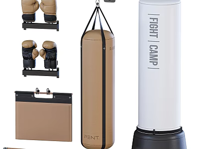 Premium Boxing Sports Equipment Set Featuring Brown Punching Bag White Free Standing Unit And Gloves 3d model