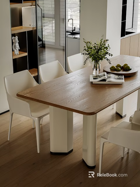 Modern Dining Table Set With Wooden Top White Chairs Green Plant And Fruit Platter Decor 3d model 