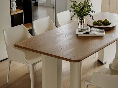 Modern Dining Table Set With Wooden Top White Chairs Green Plant And Fruit Platter Decor 3d model
