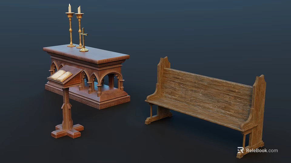 Traditional Religious Wooden Furniture With Altar Candlesticks Open Book And Bench 3d model 