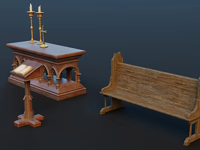 Traditional Religious Wooden Furniture With Altar Candlesticks Open Book And Bench 3d model
