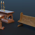 Traditional Religious Wooden Furniture With Altar Candlesticks Open Book And Bench