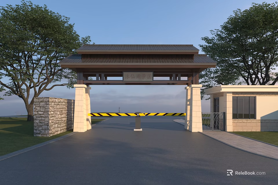 Traditional Memorial Archway With Wooden Roof Stone Walls And Surrounding Trees 3d model 