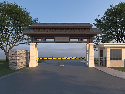 Traditional Memorial Archway With Wooden Roof Stone Walls And Surrounding Trees 3d model