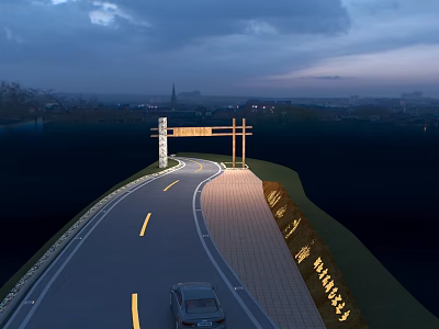 Municipal Road With Curved Lanes Yellow Lines Street Lights Road Signs And Car At Evening 3d model