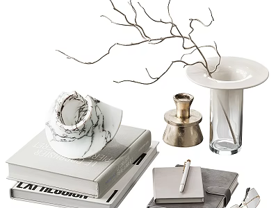 Modern Minimalist Decorative Ornament Set With Marble Piece Twigs Vase Books Notebook And Pen 3d model