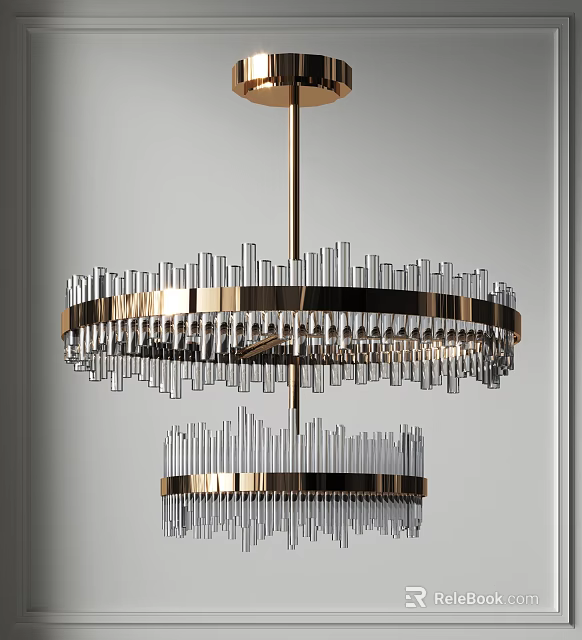 Modern Double Layer Chandelier With Metal Frame And Crystal Strips Design 3d model