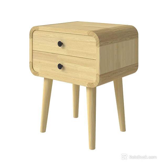 Wooden Bedside Table With Two Drawers And Black Knobs Simple Design 3d model