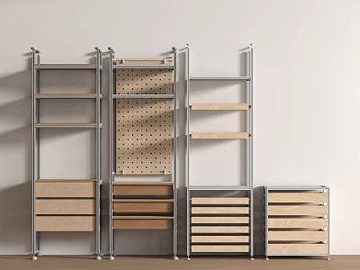 Modern Storage Shelving Unit With Metal Frame Wooden Drawers Pegboard Back Panel And Multiple Shelves 3d model
