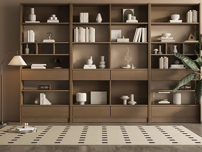 Modern Wooden Bookcase With Multiple Shelves Books Decorative Vases Sculptures Potted Plant And Area Rug 3d model