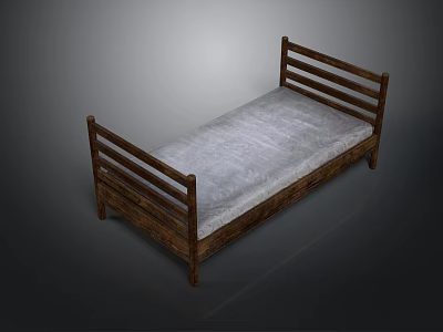 Simple Wooden Bed Frame With Headboard Footboard And Gray Mattress For Bedroom 3d model