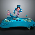Blue Mythical Mermaid Creature With Pink Tail Holding Gold Coins And Scrolls On Blue Platform