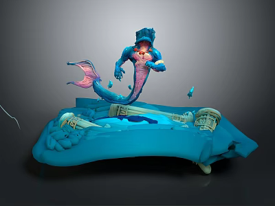 Blue Mythical Mermaid Creature With Pink Tail Holding Gold Coins And Scrolls On Blue Platform 3d model