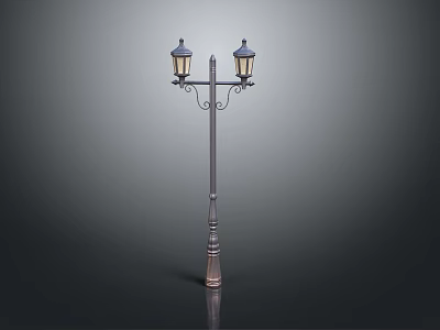 Vintage Street Lamp Design With Double Lantern Heads And Metal Pole 3d model