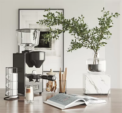 Modern Kitchen Interior With Coffee Machine Marble Countertop Green Plant And Storage Jars 3d model