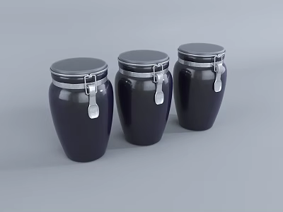 Three Dark Purple Ceramic Jars With Silver Lids And Small Spoons 3d model