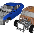 Two Blue Modern And Rustic Brown Cars With Open Hoods Exposed Engine Details