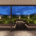 Modern Garden Landscape With Columned Structure Polished Stone Floor Trimmed Shrubs And Evening Lighting