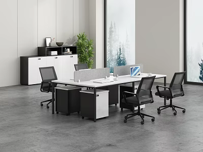 Modern Office Desk Setup With Ergonomic Chairs Laptop And Potted Plant In Open Space 3d model