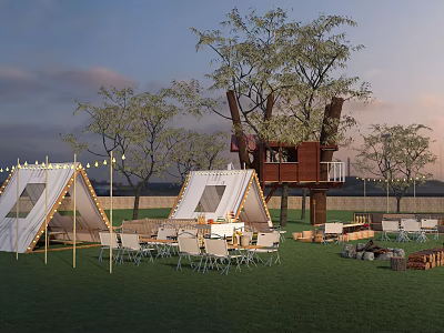Scenic Camping Site With White Tents Treehouse String Lights And Outdoor Tables On Green Grass 3d model