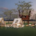 Scenic Camping Site With White Tents Treehouse String Lights And Outdoor Tables On Green Grass