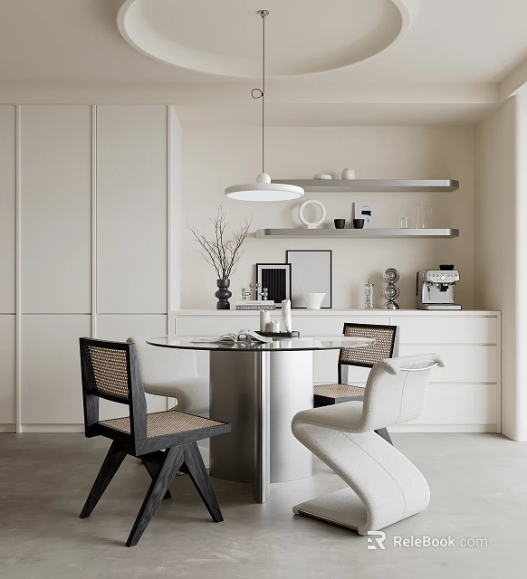 Modern Restaurant Interior With Round Dining Table Chairs White Cabinets And Pendant Light 3d model